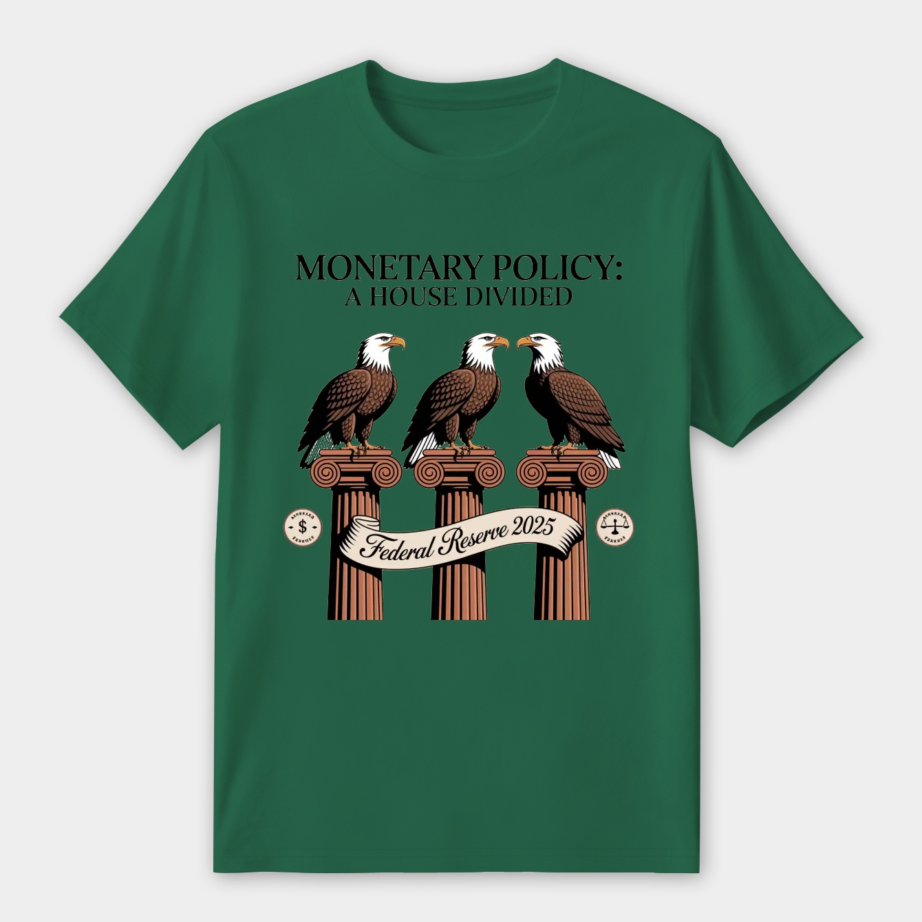 Three eagles, divided, symbolize split monetary policy views.