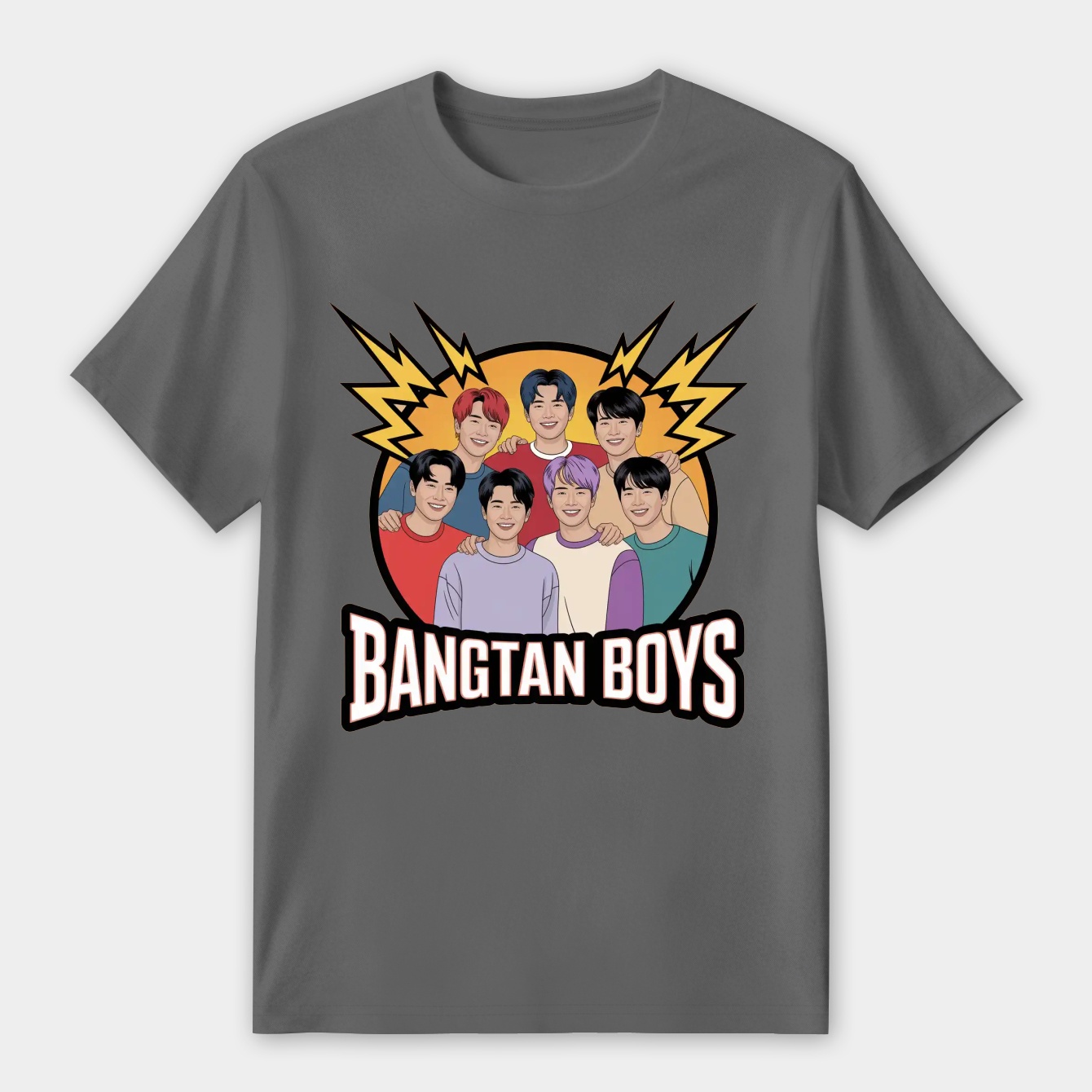 Cartoon BTS members with Bangtan Boys text