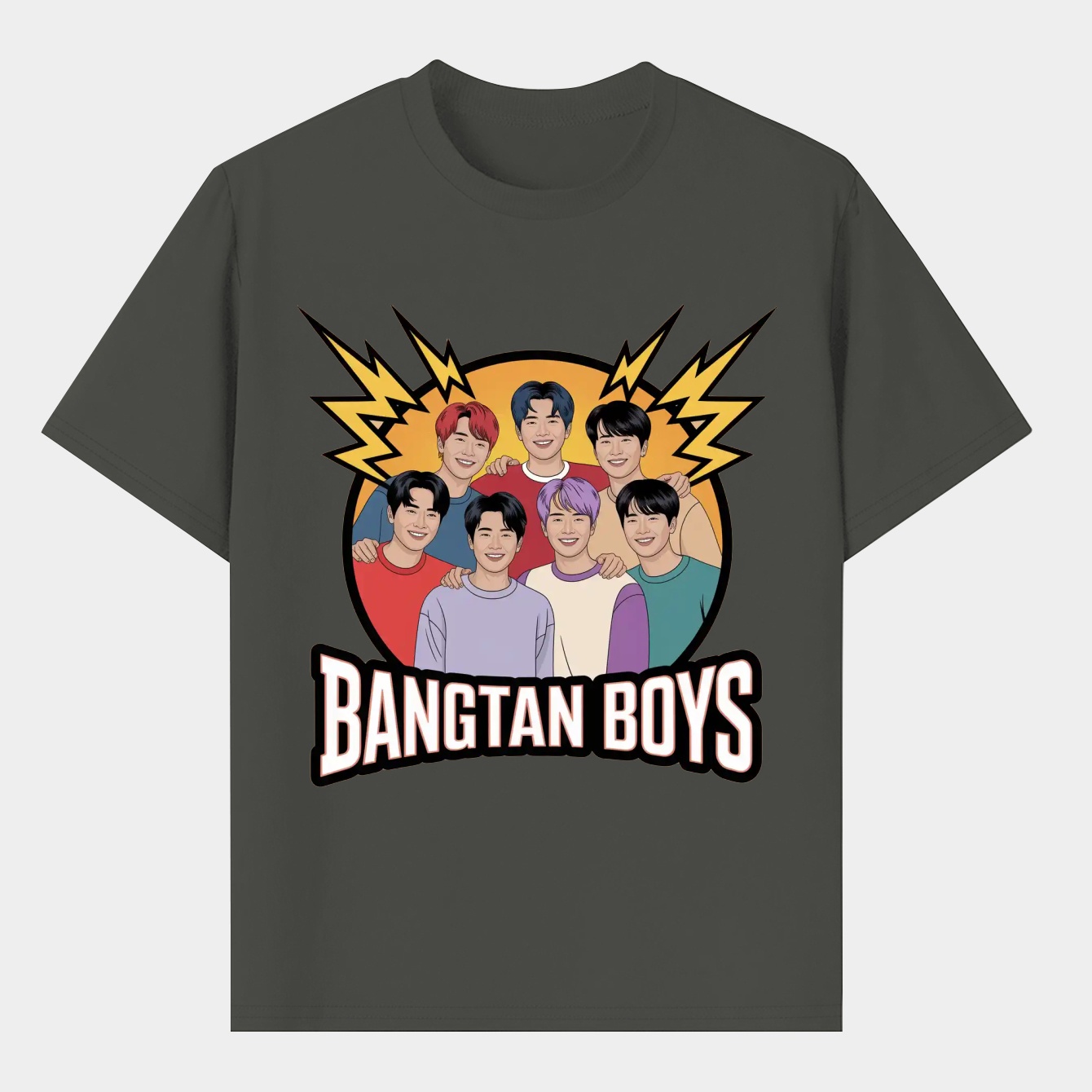 Cartoon BTS members with Bangtan Boys text