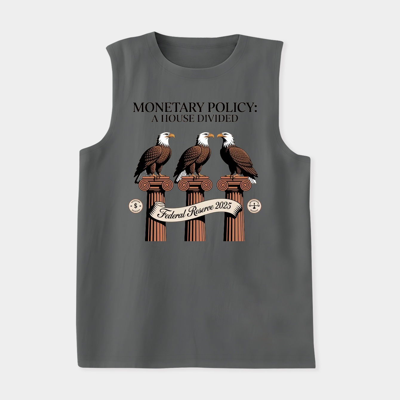 Three eagles, divided, symbolize split monetary policy views.