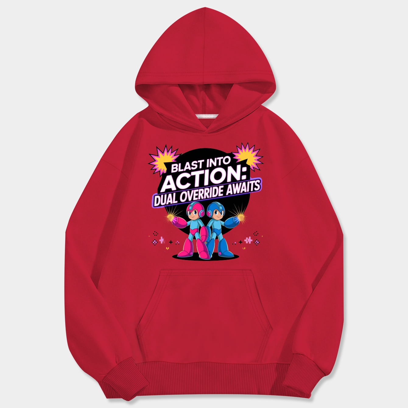 Neon vaporwave text, pixel explosions, and back-to-back heroes.