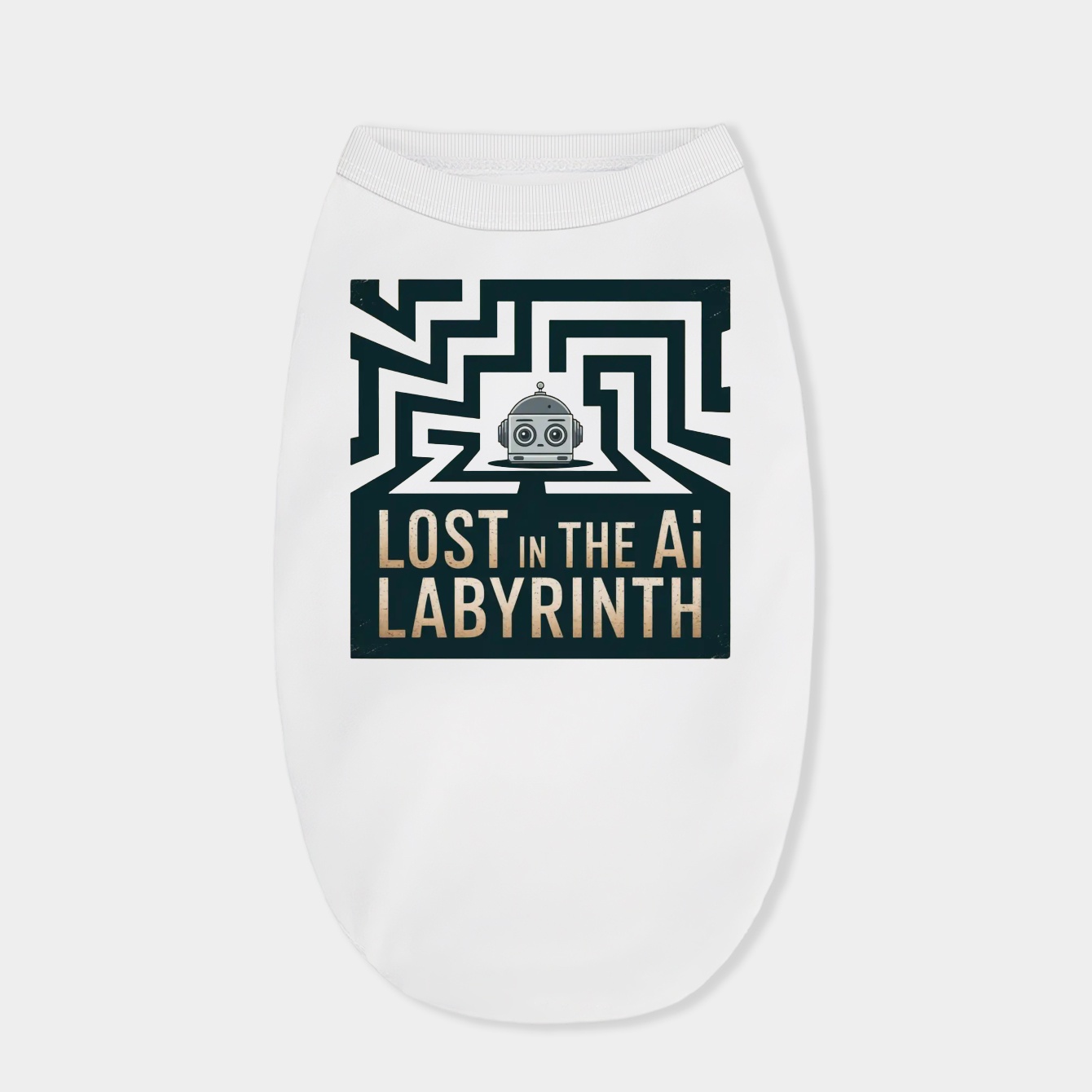 Playful robot lost in a geometric AI maze.