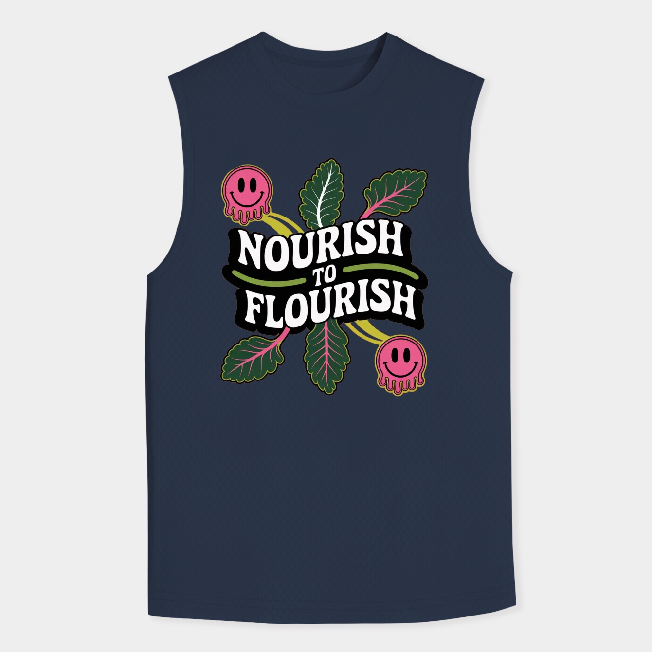 Psychedelic greens and smileys celebrate nourishing your body.