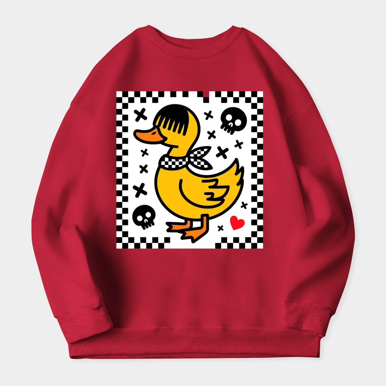 Emo Duck with Checkered Border Women's Crewneck Sweatshirt