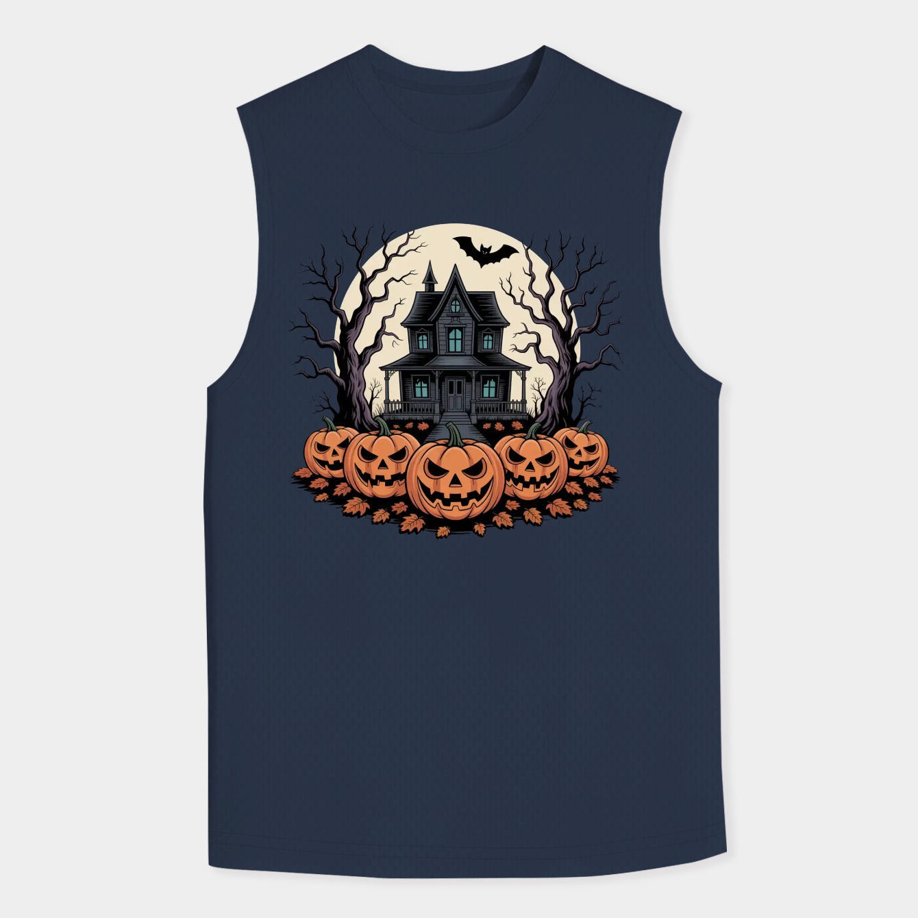 Vintage Haunted House Spooky Halloween Pumpkins Retro Scene