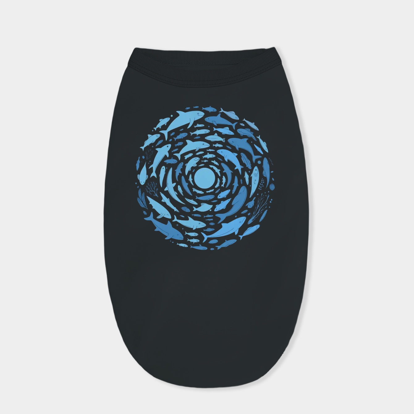 Drawing of Ocean Life Swirling in Deep Blue