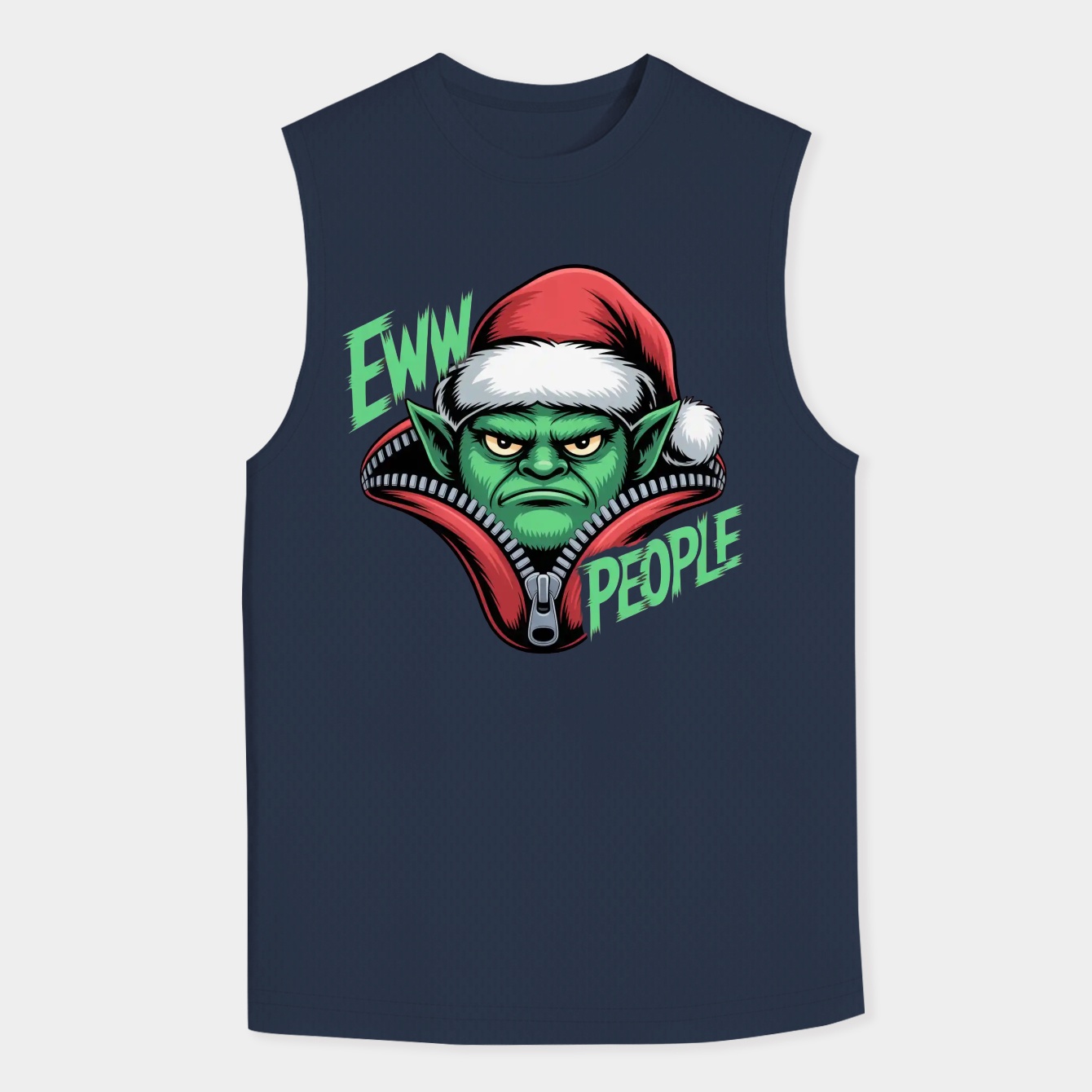 Green Grumpy Creature Christmas With Santa Hat And Playful Seasonal Mood