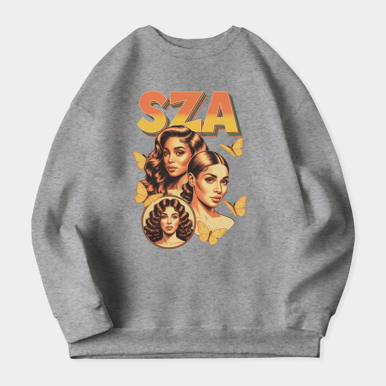 Retro collage of SZA portraits, orange text