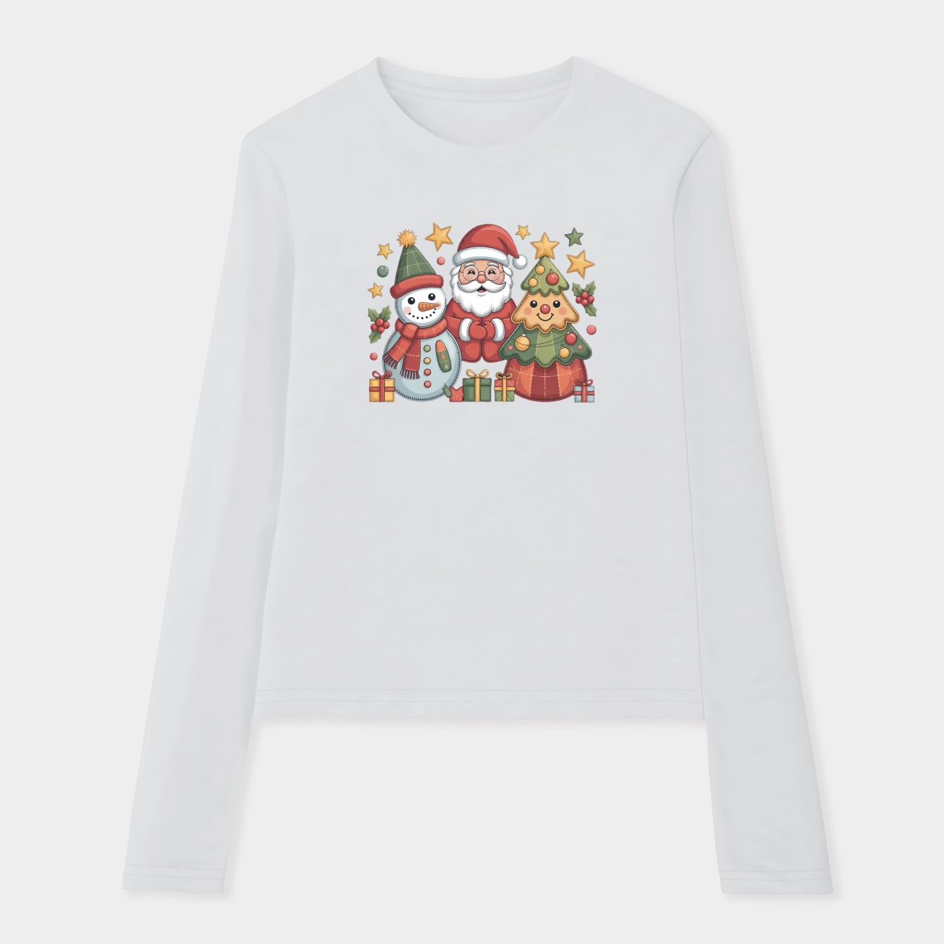 Snowman Santa Tree Patchwork Christmas Women's Soft Long Sleeve T-Shirt