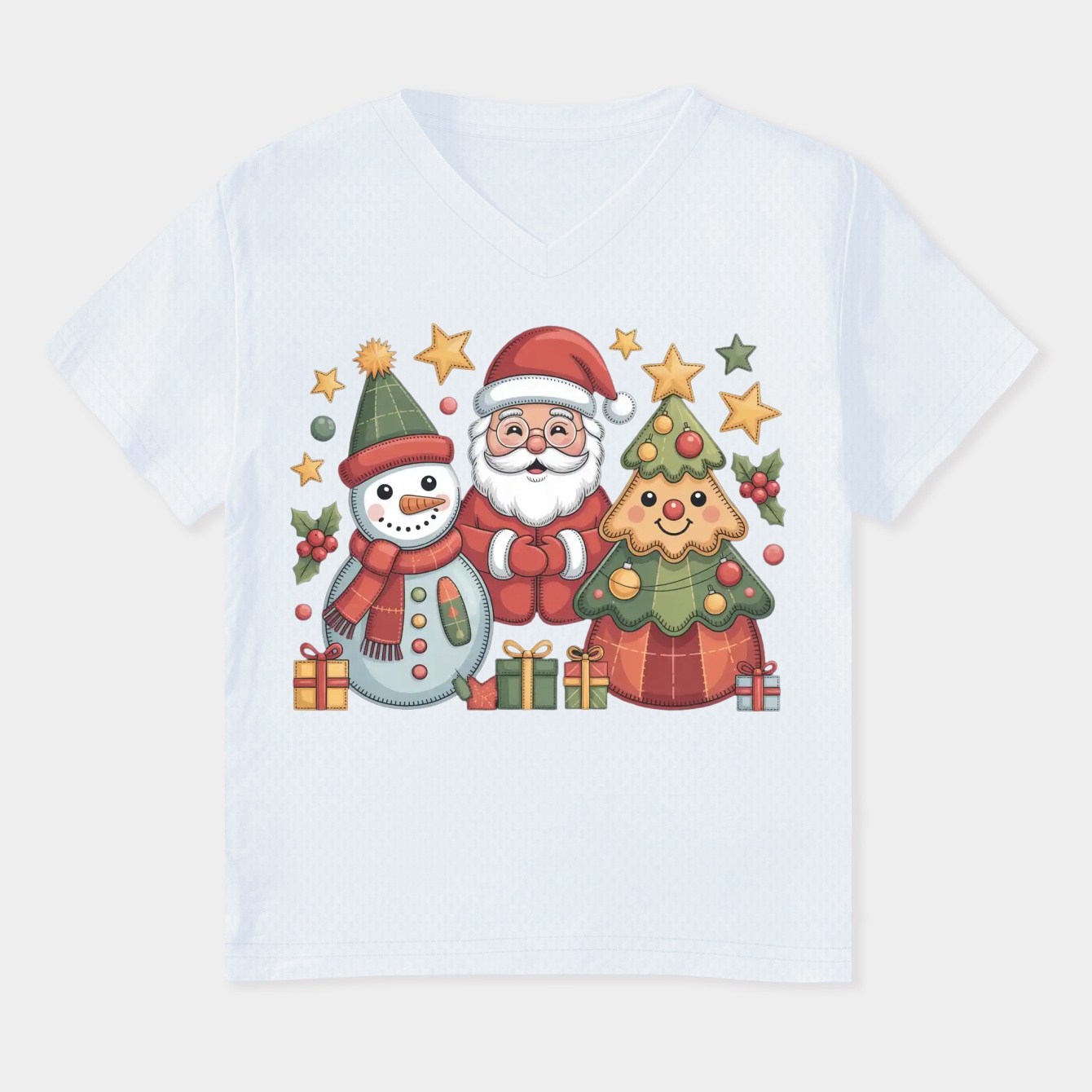 Snowman Santa Tree Patchwork Christmas Women's Plus Size V-Neck T-Shirt