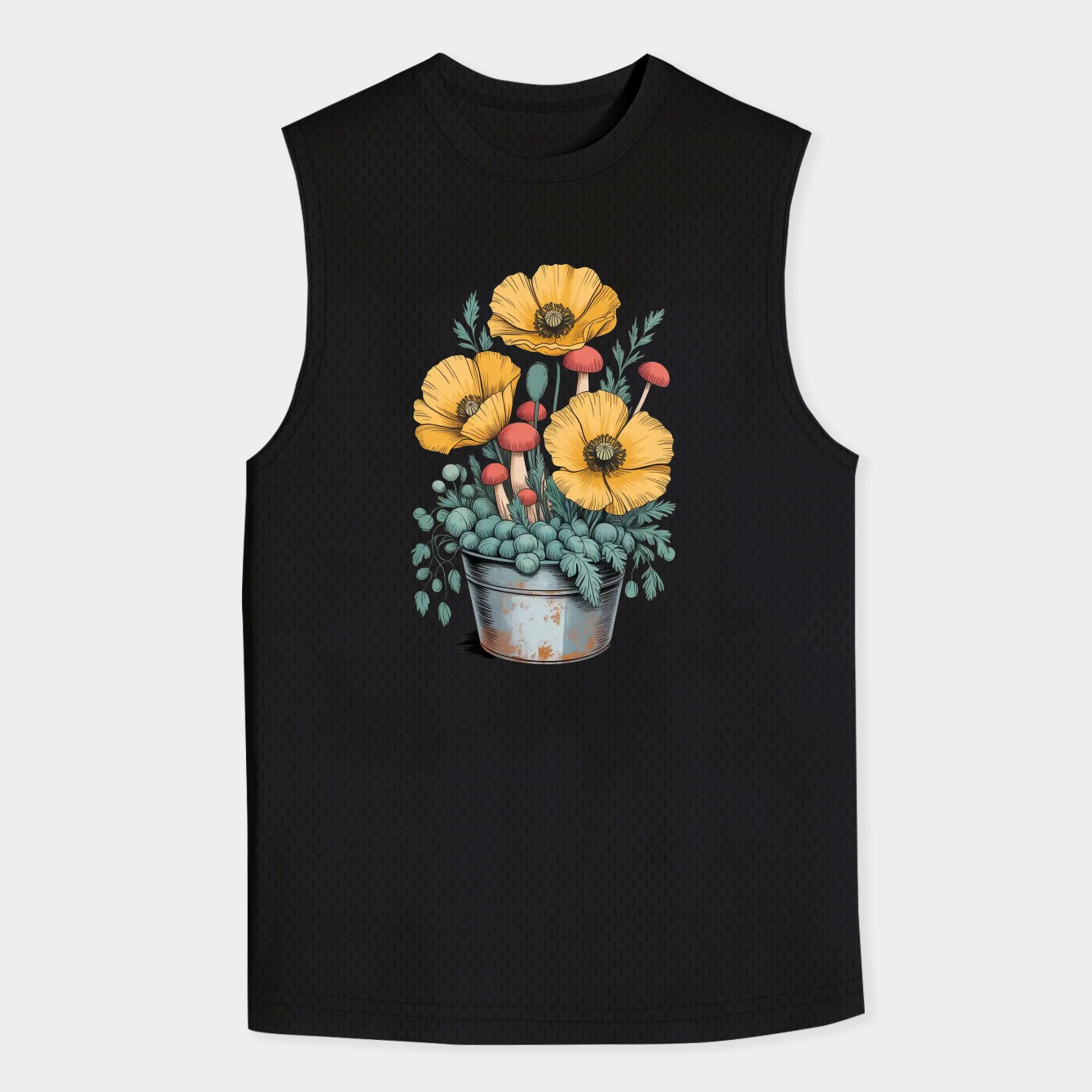 Yellow Poppies and Mushrooms in Old Fashioned Wash Tub