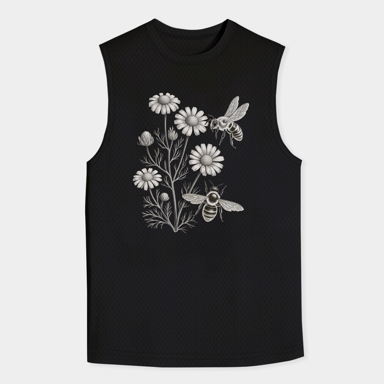 bees and chamomile on offwhite background