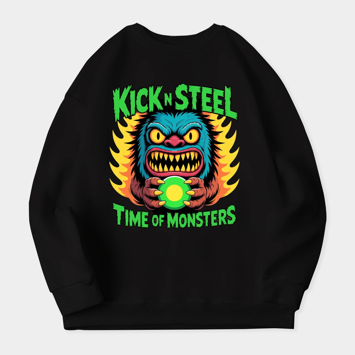 Fierce monster head with neon text