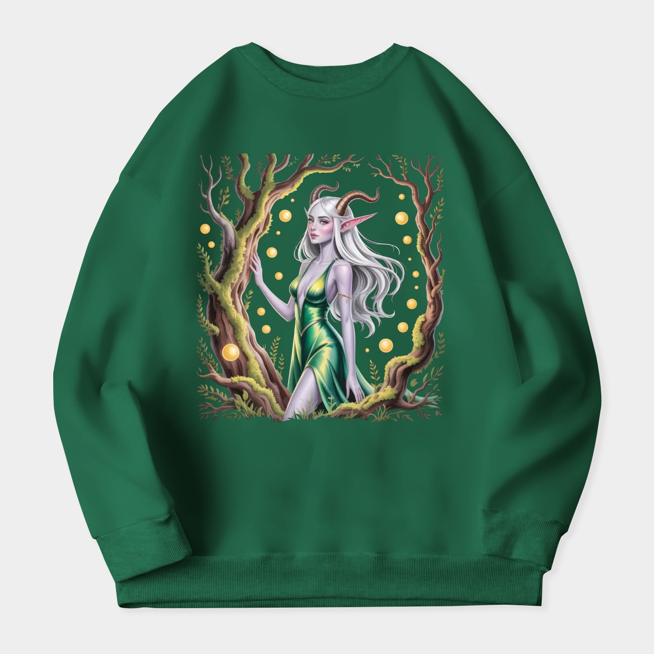 Silver elf with horns in glowing forest Women's Crewneck Sweatshirt