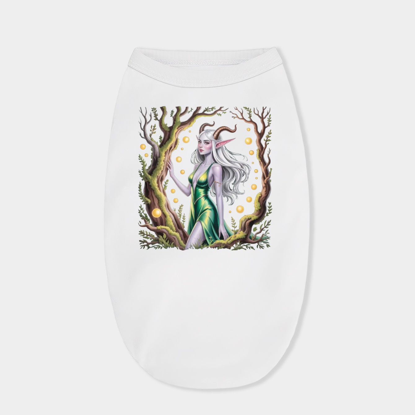 Silver elf with horns in glowing forest Dog Shirt