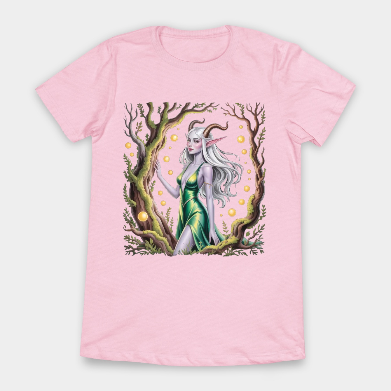 Silver elf with horns in glowing forest Women's T-Shirt