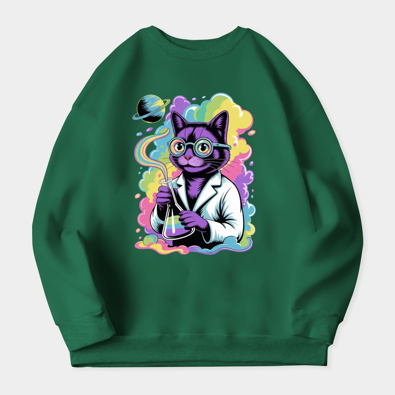 Cosmic Catalyst A Trippy Cat's Alchemical Women's Crewneck Sweatshirt